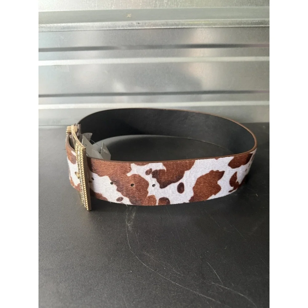 True Love  Cow Print Leather Calf Hair Textured Wide Gold Buckle Belt S